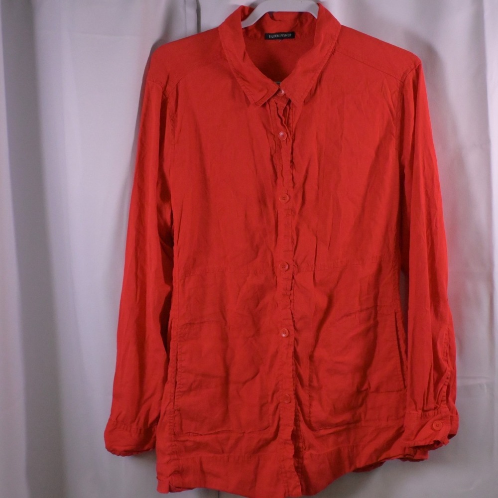 Eileen Fisher Red Linen Blend Shacket Style‎ Button-Up Women's Large